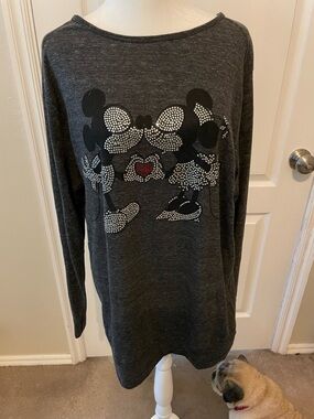 Disney Charcoal Long Sleeve Rhinestone Mickey & Minnie Heart Tee